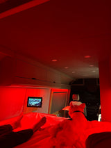 Cozy RV rental setup for a pet-friendly movie night. Person & dog watch a nature show in a red-lit van.
