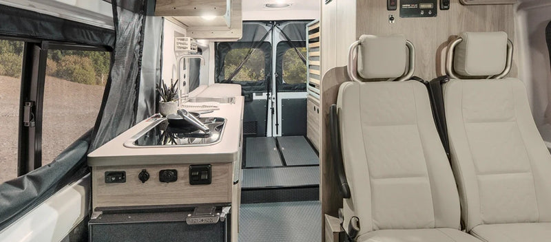  and scenic window views.|A person reads in an RV rental camper van parked at a scenic red rock canyon campsite — photo 4