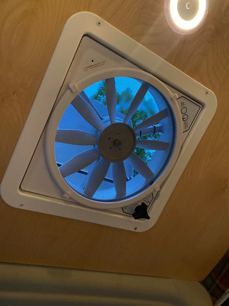 RV rental essential: A ceiling fan with integrated light and clear controls. Blue sky and green trees are visible through the fan's mesh.