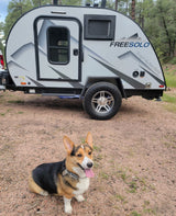 A happy Corgi sits on a dirt path in front of a Freesolo teardrop RV, ideal for a pet-friendly rv rental camping adventure.
