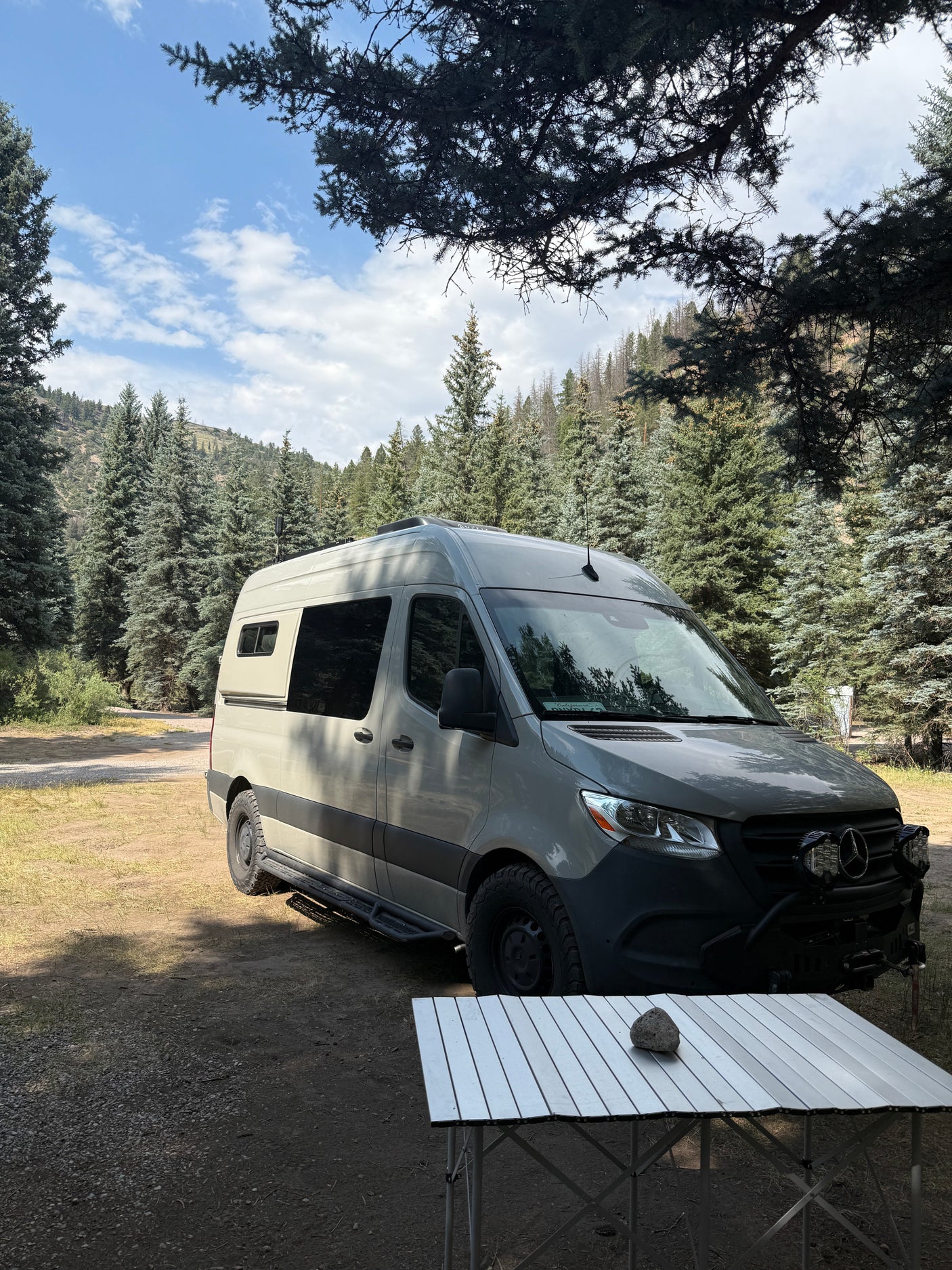 A light-colored Sprinter camper van (RV rental) is parked in a pine forest, with a metal table in the foreground.