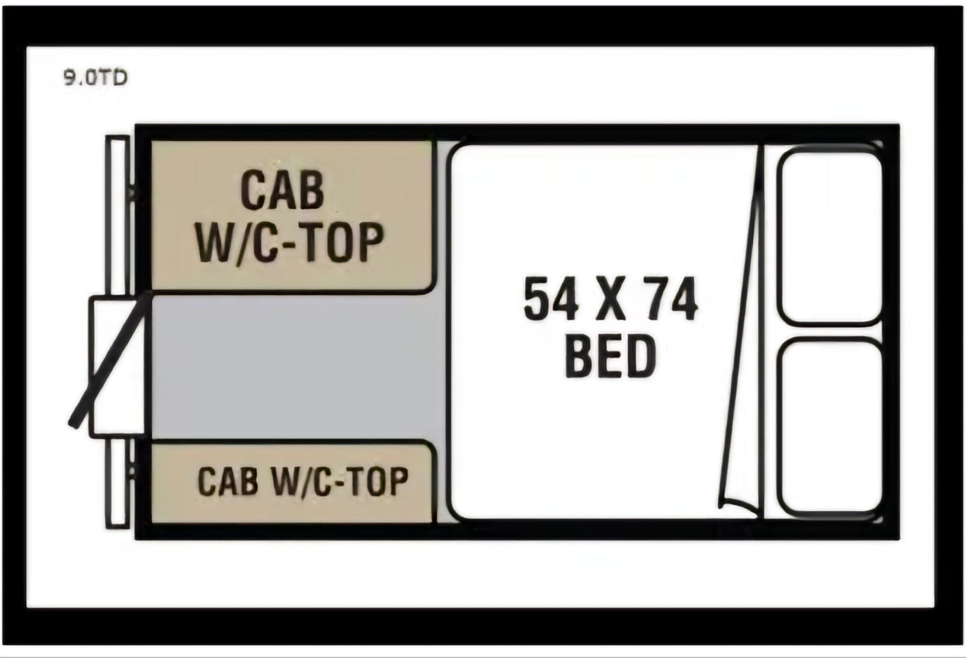 Compact RV rental floor plan for a truck camper, featuring a 54x74 bed and two cab-over sections.