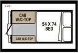 Compact RV rental floor plan for a truck camper, featuring a 54x74 bed and two cab-over sections.