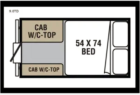 Compact RV rental floor plan for a truck camper, featuring a 54x74 bed and two cab-over sections.