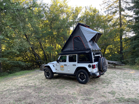 This white Jeep Wrangler with its deployed rooftop tent is parked in a sunny forest campsite, highlighting a unique rv rental option.