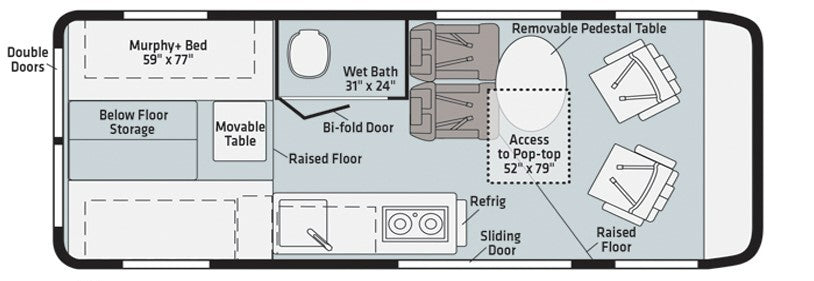 RV rental camper van floor plan: a top-down view highlighting a convertible Murphy bed, wet bath, kitchen, and flexible dining/seating.