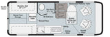 RV rental camper van floor plan: a top-down view highlighting a convertible Murphy bed, wet bath, kitchen, and flexible dining/seating.