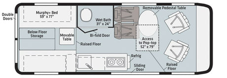 RV rental camper van floor plan: a top-down view highlighting a convertible Murphy bed, wet bath, kitchen, and flexible dining/seating.