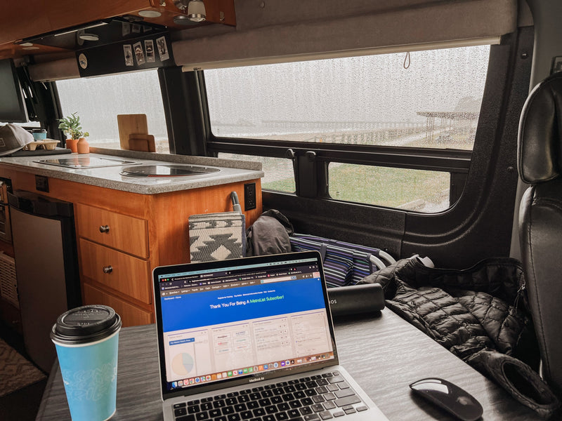  and fire pit on a concrete pad.|Cozy RV rental interior with a large bed — photo 6