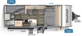 Explore this detailed Wolf Pup RV rental floor plan, featuring a queen bed, bunk beds, kitchen, bathroom, and dinette for camping adventures.