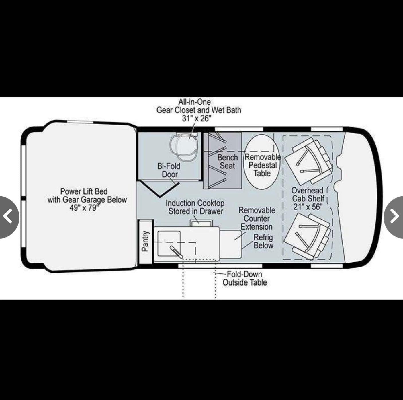 RV rental floor plan: compact RV layout featuring a power lift bed, wet bath, modular kitchen, and flexible dining space.