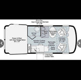 RV rental floor plan: compact RV layout featuring a power lift bed, wet bath, modular kitchen, and flexible dining space.