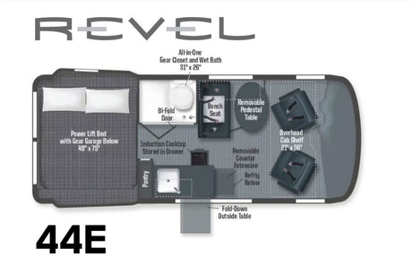 REVEL 44E RV rental floor plan showing bed, kitchen, wet bath, and dinette layout. Designed for compact van life adventures.
