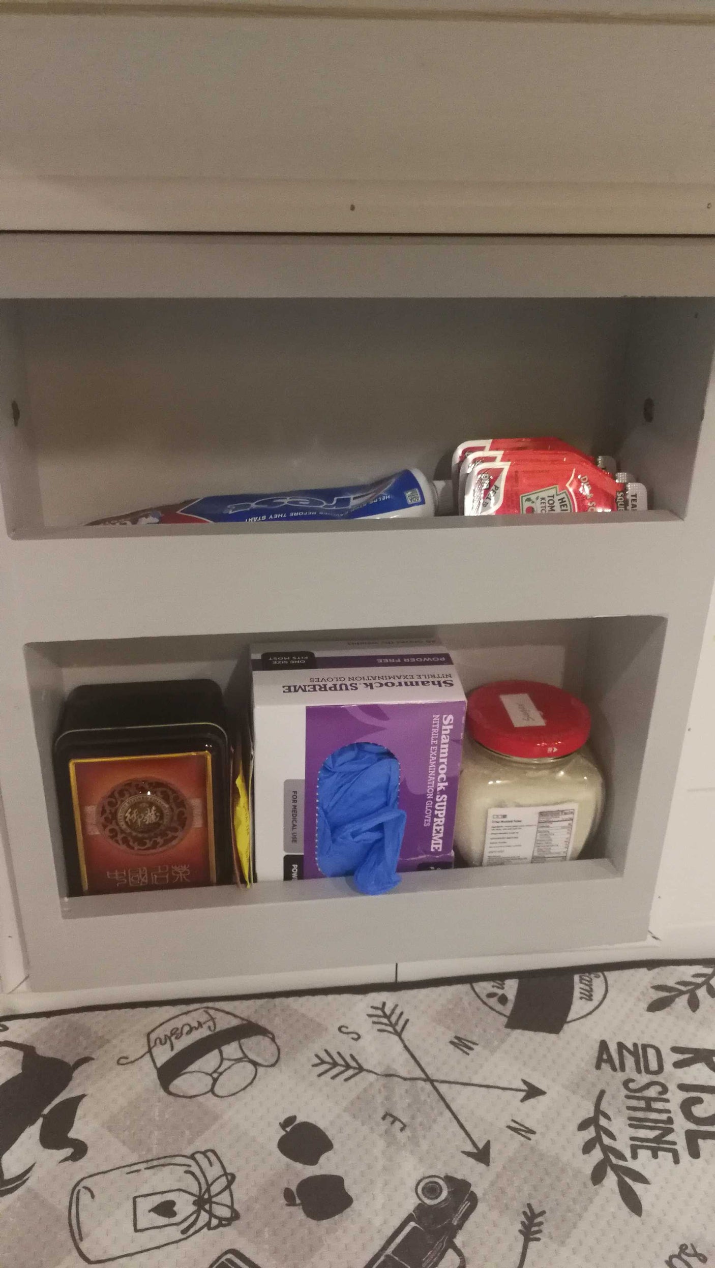 Compact storage in an RV rental: toothpaste, ketchup packets, nitrile gloves, and sugar jar neatly stored on shelves.