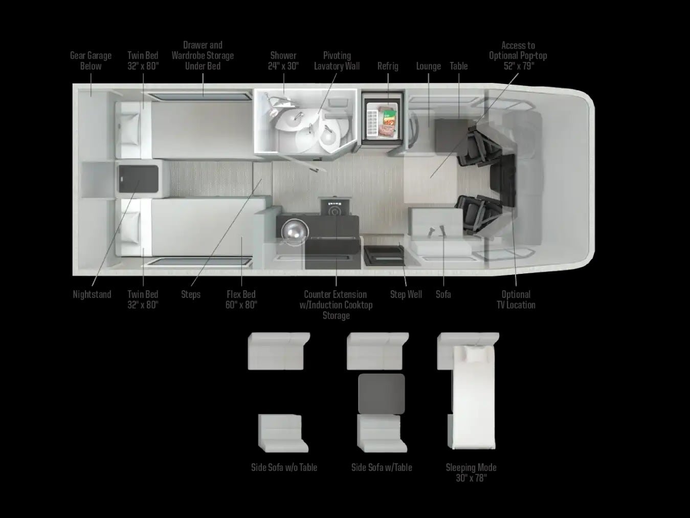  and a scenic mountain window view.|Inside this modern RV rental: a large fridge — photo 18
