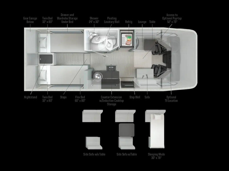  and a scenic mountain window view.|Inside this modern RV rental: a large fridge — photo 18