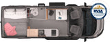 Detailed overhead view of an RV rental's interior, showing its compact floor plan with bed, kitchen, bath, and seating.