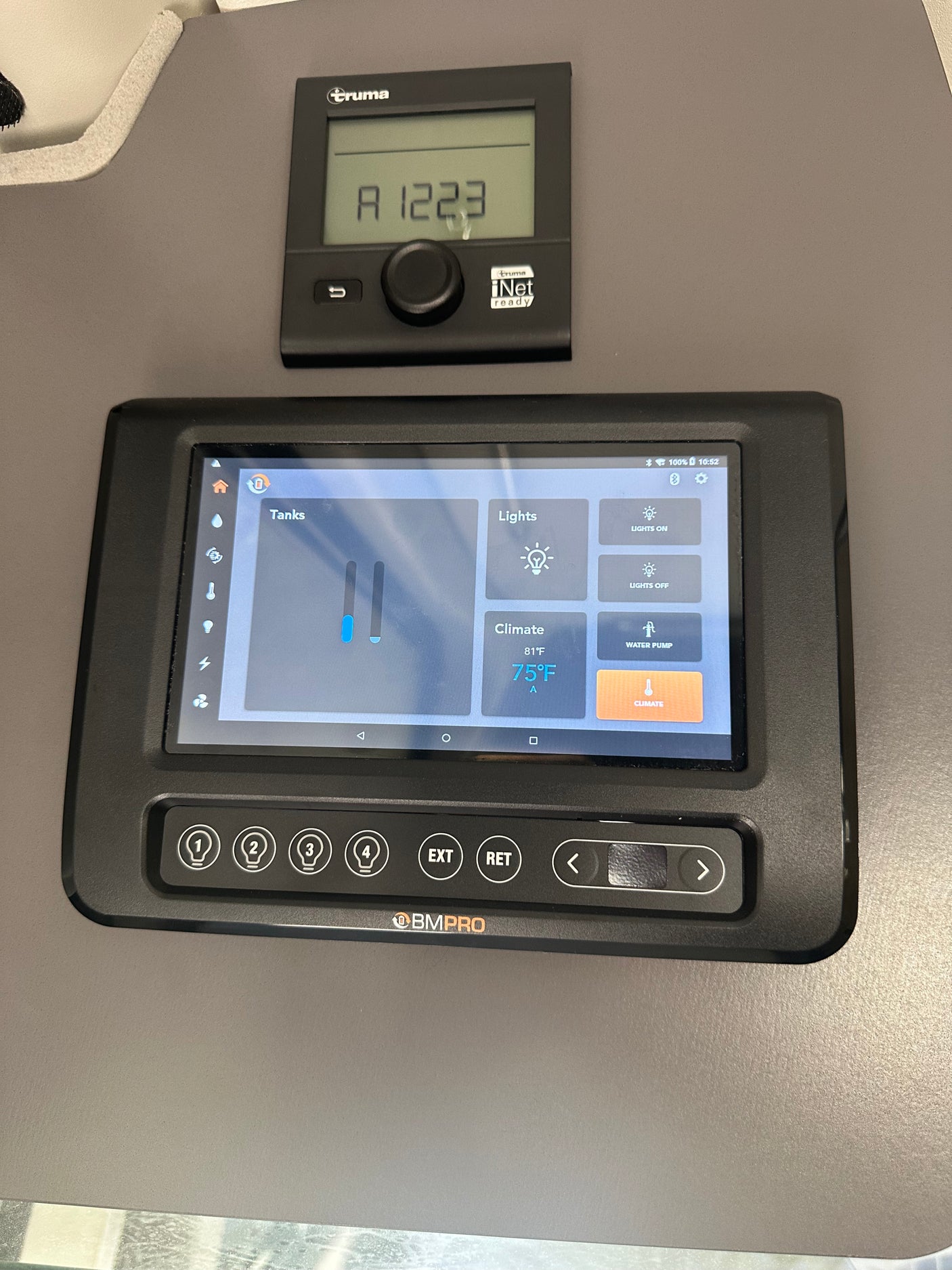 Managing your RV rental: a smart control panel for Truma heat, tank levels, lights, and climate settings.