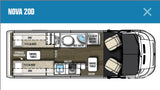 This RV rental floor plan illustrates the NOVA 20D camper van's layout, featuring twin beds, a wet bath, galley, and swivel tables.