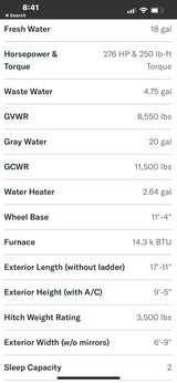 RV rental specifications screen: Displays fresh, waste, gray water capacities, dimensions, weight ratings, and sleep capacity for an RV.
