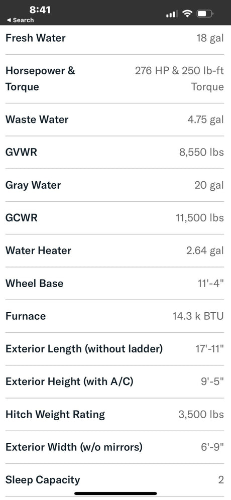 RV rental specifications screen: Displays fresh, waste, gray water capacities, dimensions, weight ratings, and sleep capacity for an RV.