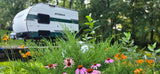 Enjoy nature's beauty with an RV rental! Pink coneflowers and orange lilies frame a cozy camper amidst green trees.