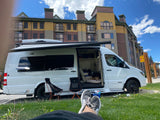An RV rental with its side door open reveals a dog inside, while camping chairs and a person's legs rest on the grass.