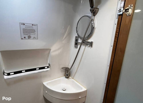 An RV rental's compact bathroom features a corner sink with faucet/shower combo, extendable mirror, and wall shelf.