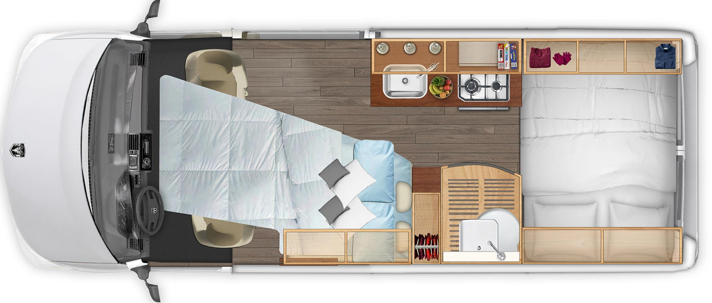 Explore this RV rental's detailed interior layout: front cabin, convertible bed/sofa, kitchen with sink/stove, and rear double bed.