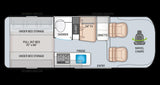 Detailed RV rental floor plan featuring a pull-out bed, shower, dinette, kitchen, and swivel front seats.