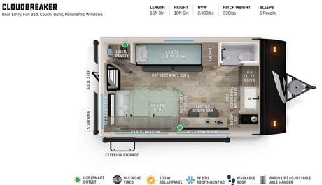 Detailed Cloudbreaker travel trailer RV rental floor plan. Shows interior layout with bed, bunk, kitchen, bathroom. Sleeps 5.