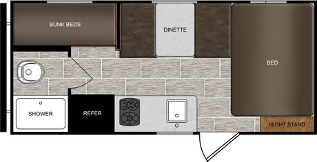 Detailed RV rental floor plan showing bunk beds, dinette, main bed, kitchen, shower, toilet, and refrigerator layout.