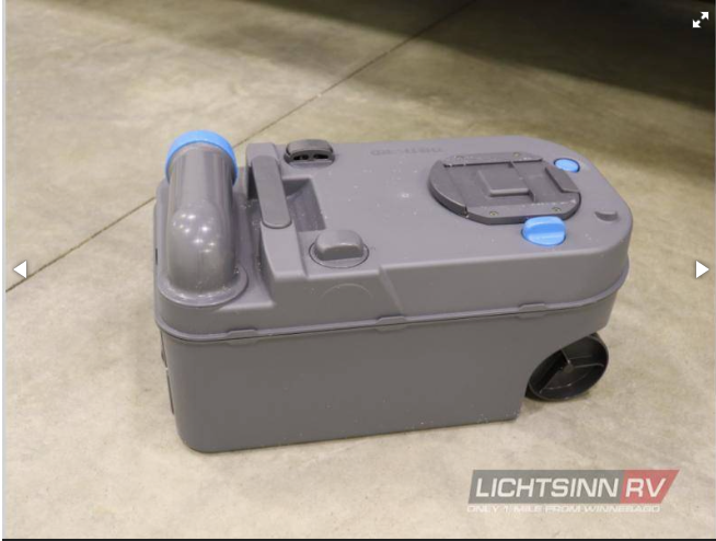 Portable gray wastewater tote tank for RV rental, featuring wheels, handle, and blue fittings for easy waste disposal.