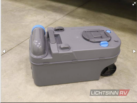 Portable gray wastewater tote tank for RV rental, featuring wheels, handle, and blue fittings for easy waste disposal.