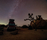 An RV rental rests under a starry night sky, featuring a Joshua tree and desert landscape. Ideal for stargazing trips.