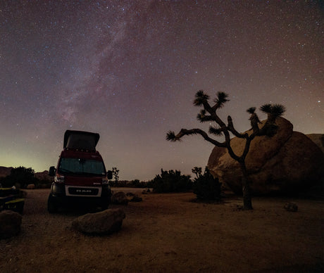 An RV rental rests under a starry night sky, featuring a Joshua tree and desert landscape. Ideal for stargazing trips.