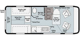 This rv rental floor plan highlights a Murphy bed, wet bath, kitchen, dining area, and 52"x79" pop-top access for travel.