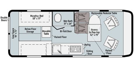 This rv rental floor plan highlights a Murphy bed, wet bath, kitchen, dining area, and 52"x79" pop-top access for travel.