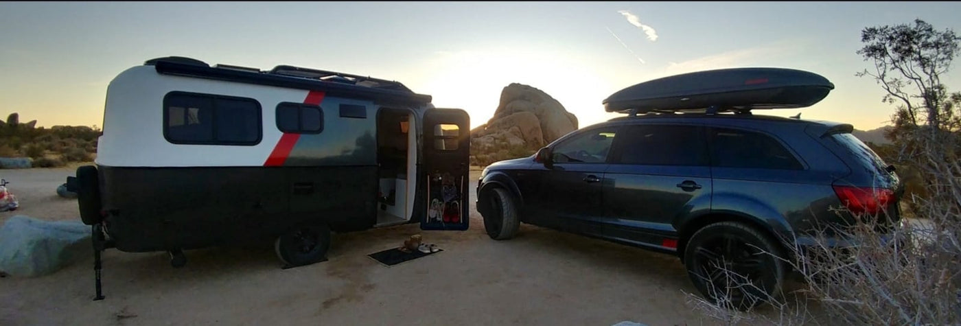 RV rental adventure: Compact travel trailer and SUV parked in a desert landscape at sunset, ideal for outdoor exploration. — photo 19