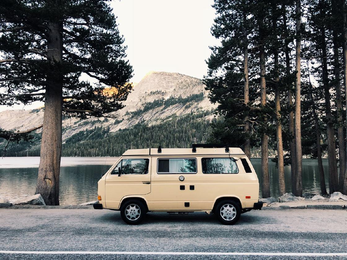  and overhead storage.|A tan VW Westfalia camper van — photo 4