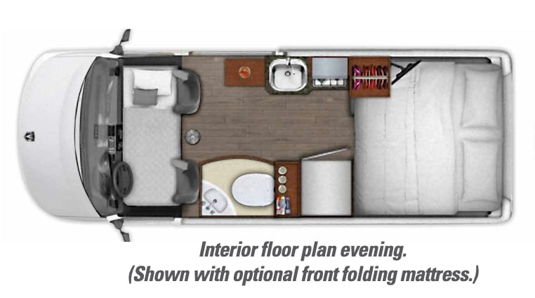  and a mug on a table.|Enjoy a comfortable pasta and wine dinner in your RV rental. This cozy dinette is ideal for relaxing meals on the road.|Inside this RV rental: a cozy bed with pillows — photo 6