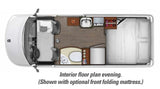 RV rental: Top-down interior floor plan. Shows camper's main bed, kitchen, bath, plus optional front bed.