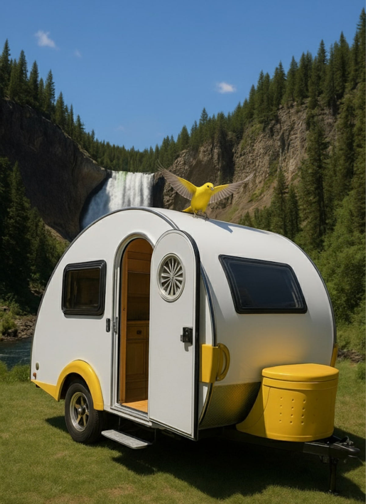 Teardrop rv rental on grass with a bright yellow bird on its roof, set against a majestic waterfall and pine forest. — photo 3