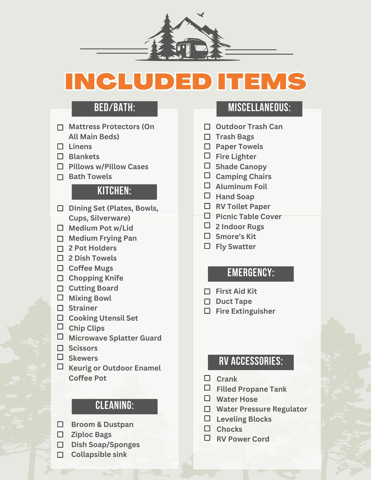 RV rental included items checklist: kitchen, bed/bath, cleaning, emergency, miscellaneous, and RV accessories. — photo 20