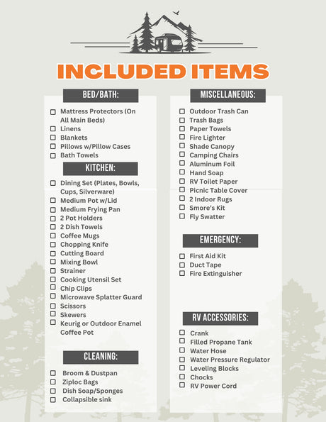 RV rental included items checklist: kitchen, bed/bath, cleaning, emergency, miscellaneous, and RV accessories.