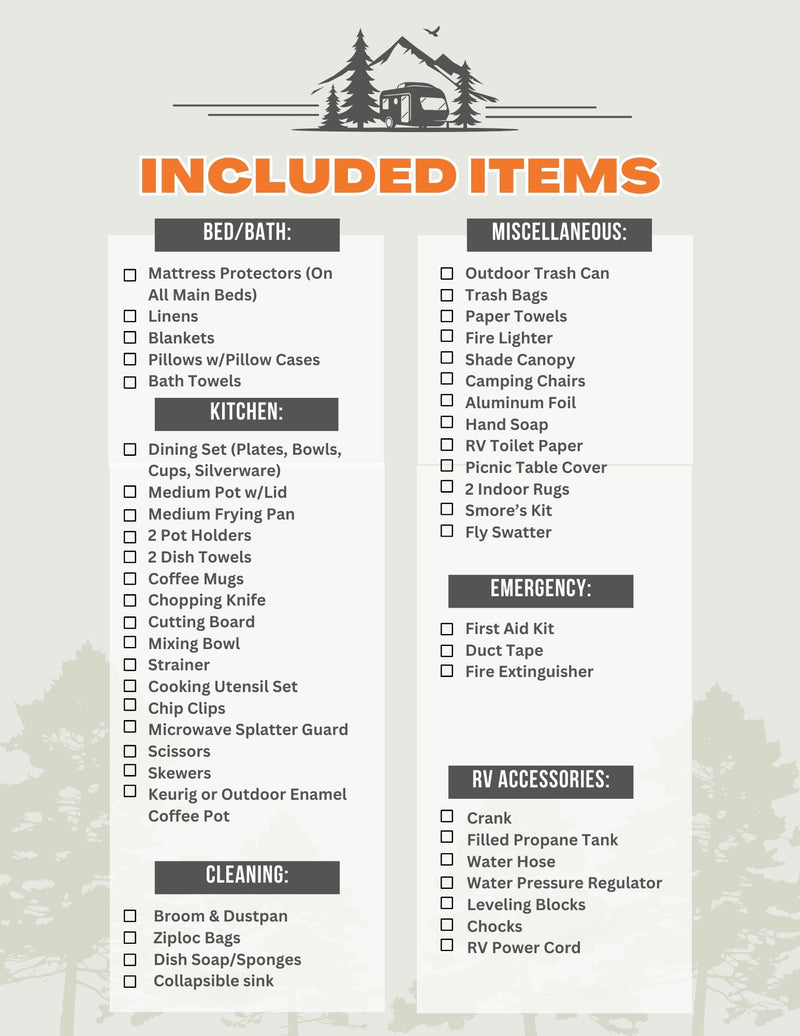 RV rental included items checklist: kitchen, bed/bath, cleaning, emergency, miscellaneous, and RV accessories. — photo 20
