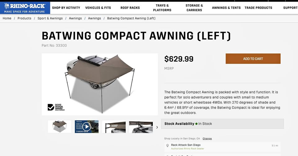 Rhino Rack Batwing Compact Awning in San Diego, CA (photo 1)