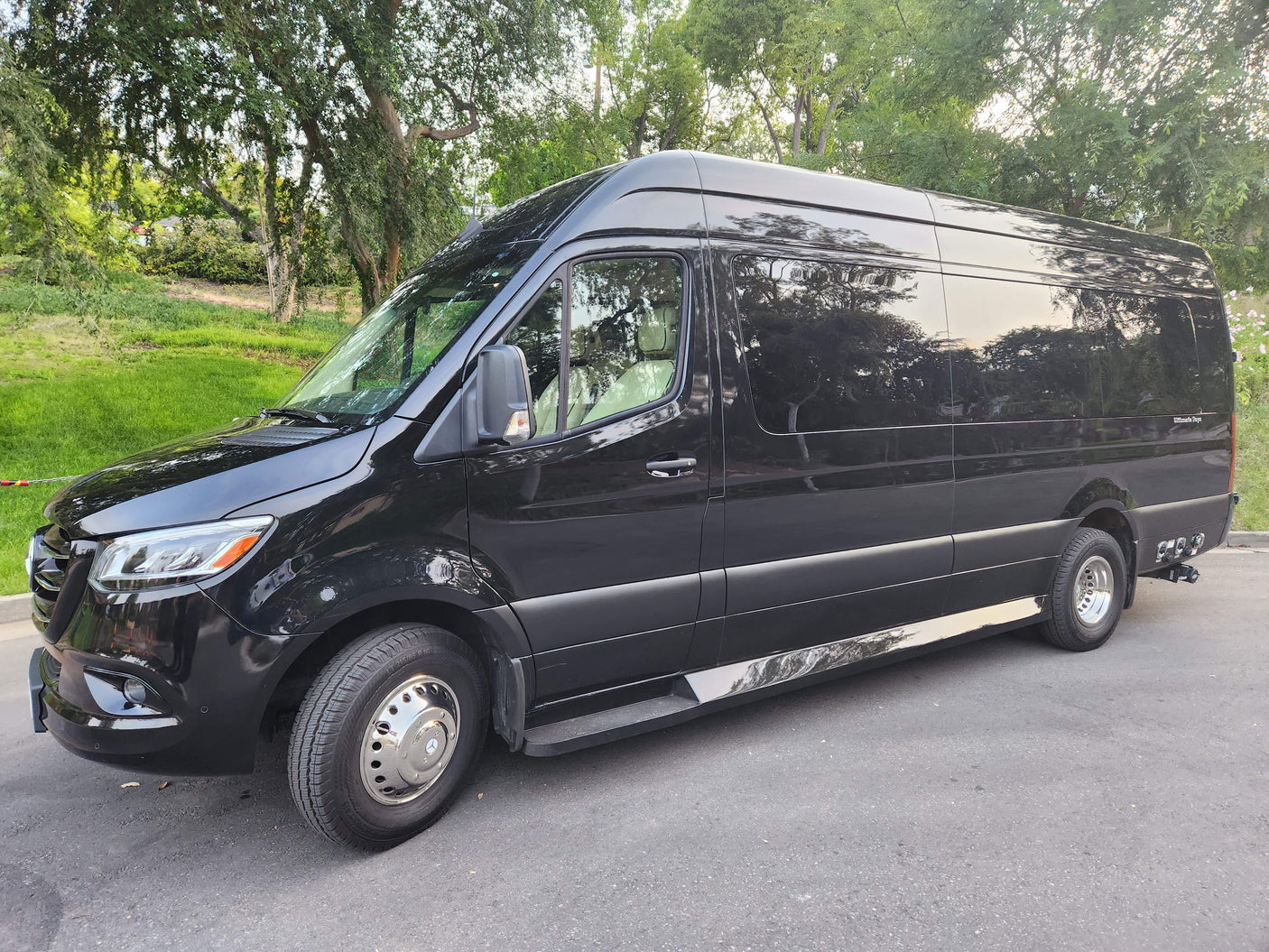 This black Mercedes Sprinter van, an RV rental, is parked on asphalt with green trees reflecting on its glossy finish.