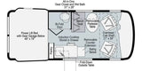 This RV rental floor plan shows a campervan's interior layout with a bed, kitchen, bath, and flexible seating.