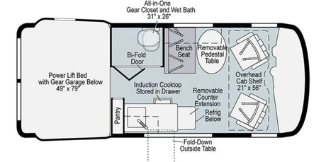 This RV rental floor plan shows a campervan's interior layout with a bed, kitchen, bath, and flexible seating.